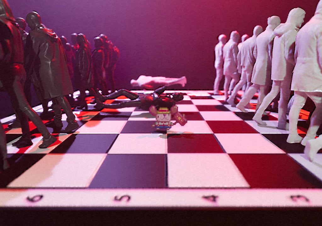 A chessboard arena of red and white figures